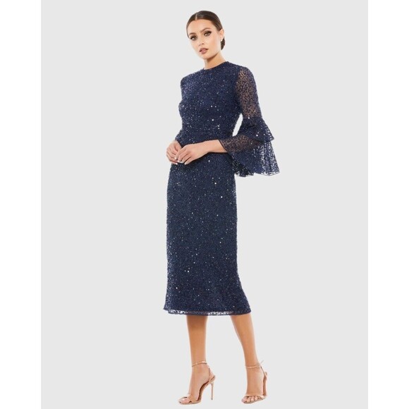 Mac Duggal 10802 Fully Sequined Ruffle Tiered 3/4 Sleeve Midi Dress Size 16 $798